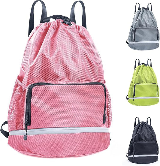 Beach Swim Bag Sports Drawstring Backpack - Gym Bag with Shoes Compartment and Waterproof Pocket for Accessories, Swim Essentials - Workout Bag