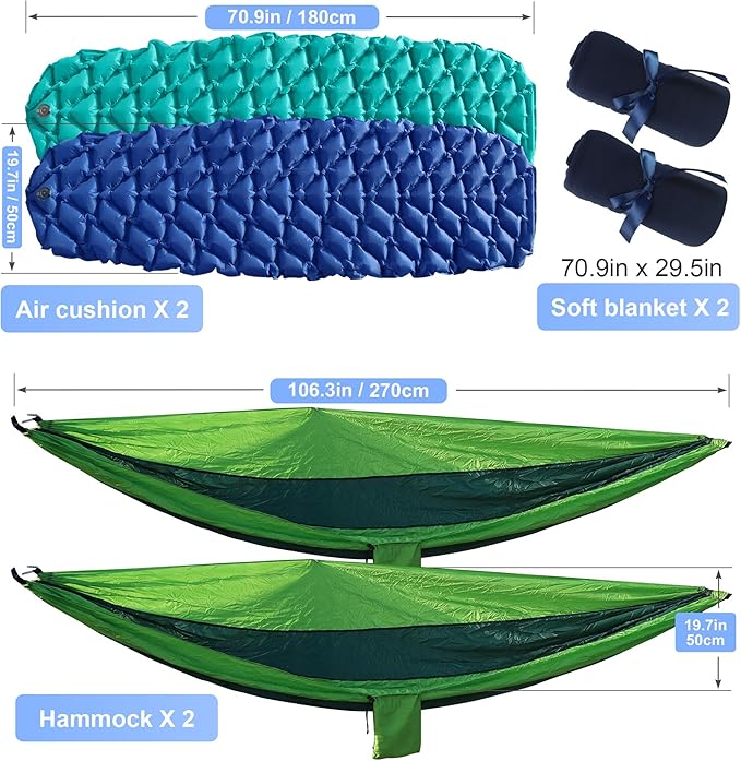 9 Pcs Camping Set,Include 1 Camp Tent,2 Sleeping Bag,2 Sleeping Pad/Camping Mat,2 Single Camping Hammock with 2 Tree Straps,2 Lightweight Bed Blanket for Family Outdoor Activities
