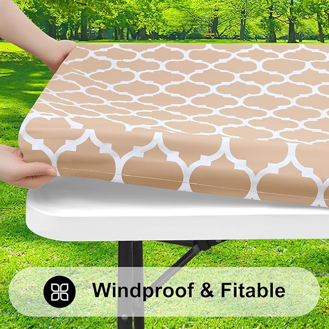 Smiry Rectangle Picnic Table Cover, Waterproof Elastic Fitted Camping Tablecloths for 8 Foot Tables, Wipeable Flannel Backed Vinyl Tablecloth Protector for Indoor, Outdoor (Khaki, 30x96 Inches)