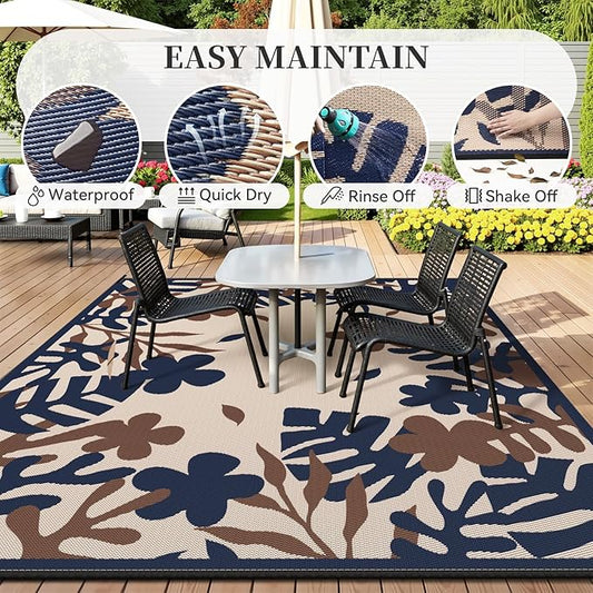 MontVoo Outdoor Rug Waterproof 6x9 ft RV Outdoor Rug for Camping Picnic Mat Outdoor Patio Rug Carpet Plastic Straw Reversible Floral Navy Orange