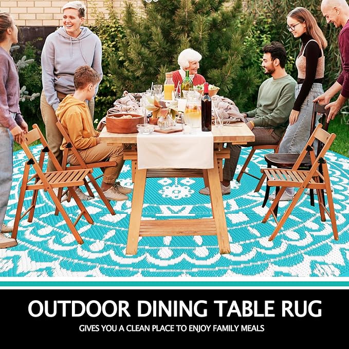 Capslpad 10Ft Round Outdoor Rug for Patio Clearance Boho Reversible Mat Waterproof Outdoor Plastic Straw RV Camping Rug Outside Circle Area Rug for Porch Deck Terrace Picnic Beach Apartment, Teal