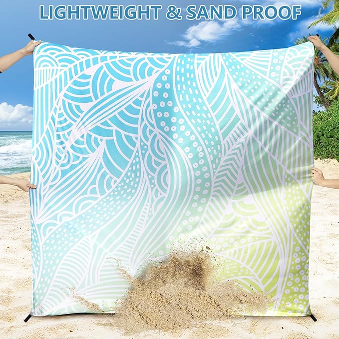 Beach Blanket Waterproof Sandproof Beach Mat 79”x 83” for 1-4 Adults Quick Drying Durable Outdoor Picnic Mat for Beach Festival Travel Camping Hiking (Gradiant BL&GN-Ripple, 79"×83"(4 Person))