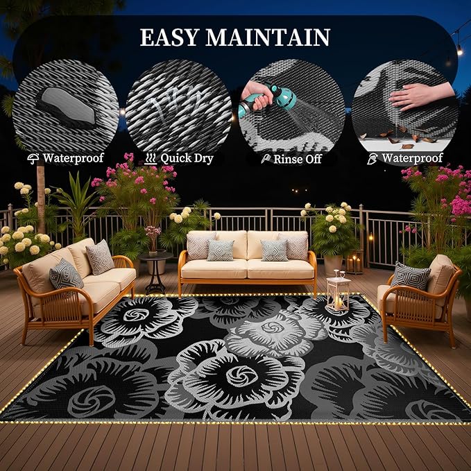 MontVoo Outdoor Rug with Led String Strip Lights 6x9ft Waterproof Outdoor Patio Rug Mat Reversible Plastic Straw Rug Outside Outdoor Rug for RV Camping Picnic Balcony Backyard Fairy Outdoor Decor