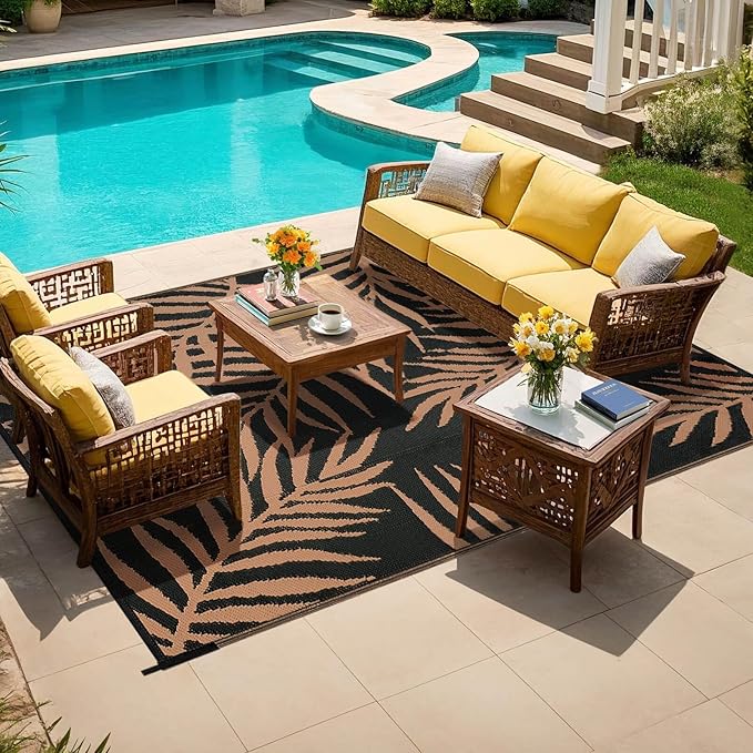 Outdoor Rugs Patio Camping Waterproof - Plastic Straw Patio Rug Portable for Campers, Outside RVs Mat, Outdoor Area Carpet for Patios Clearance, Backyard Porch, Deck, Balcony, Picnic, Black Brown