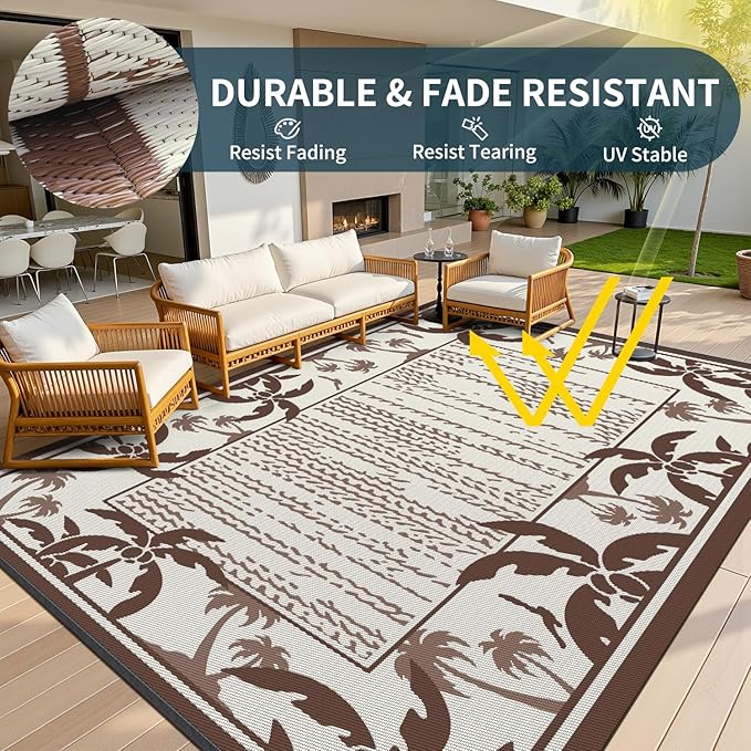 COCOER Outdoor-Rug 5x8 ft Waterproof Reversible Outdoor Plastic Straw Rug RV Indoor Outdoor Carpet Quick Dry Patio Rug Camping Mat for Balcony Backyard Picnic Beach-Brown&Beige