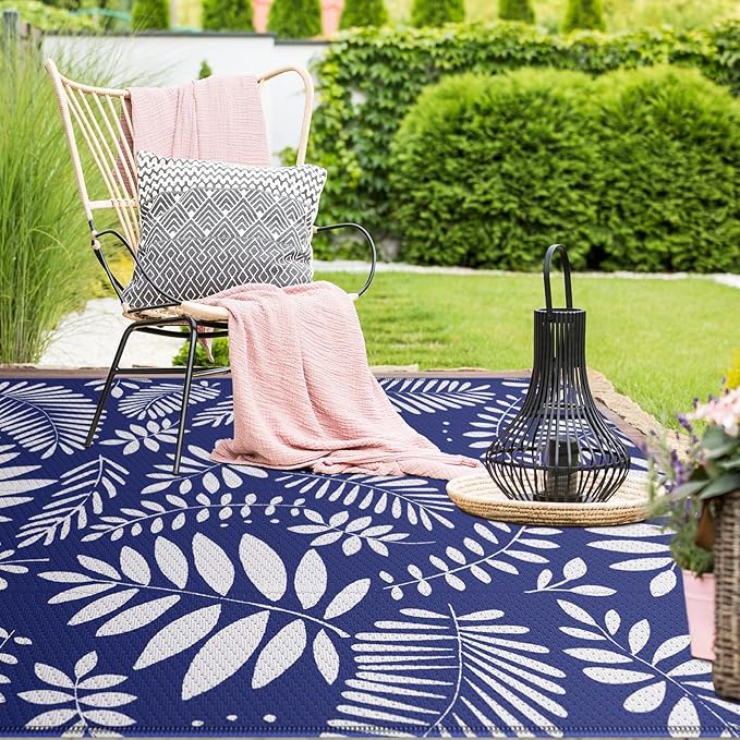 StepRite Outdoor Rug, Patio Rug, Plastic Straw Camping Rugs, Large Waterproof Area Rug and Mat for Outdoors, RV, Patio, Backyard, Deck, Porch, Beach, Balcony, (5'x 8', White & Blue)