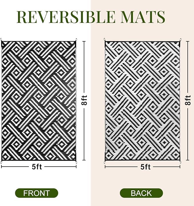 OPPODREAM Outdoor Rug 5x8 Ft, Waterproof Outdoor Plastic Straw Rug for Patio, Reversible Out Door Carpet for Camping, Deck, Rv, 5 x 8 Area Carpet for Balcony, Porch, Backyard, Black and White