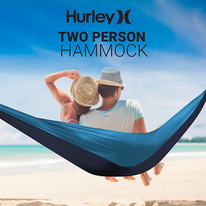 Hurley Duo Camping Hammock - 2 Person Portable Hammock for Camping, Heavy Duty Hammock, Parachute Nylon Fabric - Camping Accessories for Outdoor Activity - Holds Up to 400lbs, Monsoon Blue, 118 x 79