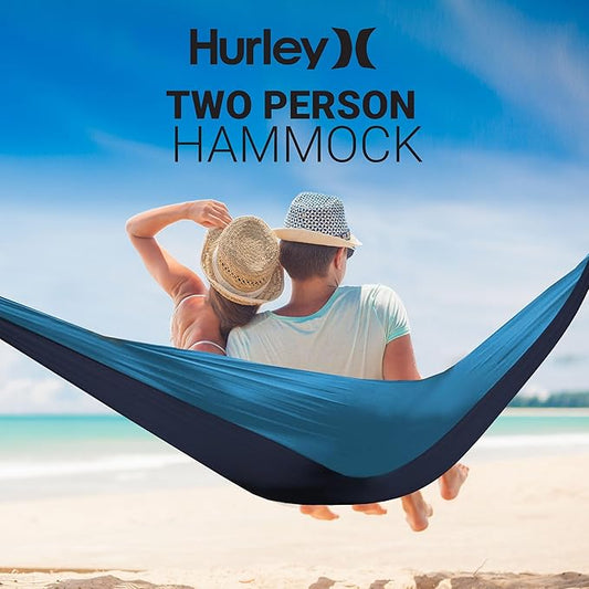 Hurley Duo Camping Hammock - 2 Person Portable Hammock for Camping, Heavy Duty Hammock, Parachute Nylon Fabric - Camping Accessories for Outdoor Activity - Holds Up to 400lbs, Monsoon Blue, 118 x 79