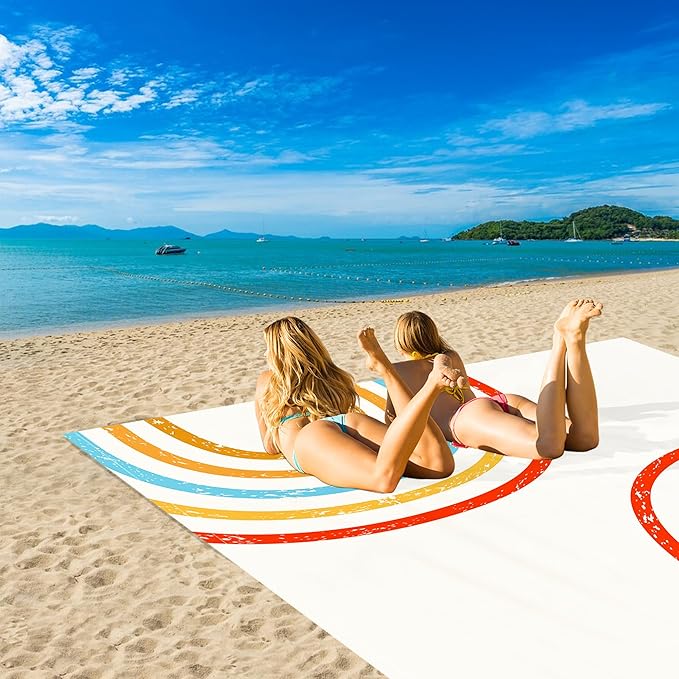 Beach Blanket Waterproof Sandproof, Extra Large Sand Free Beach Mat, Big Compact Lightweight Quick Drying Picnic Blanket with 4 Stakes & Pockets for Camping, Travel, Hiking, Essentials for Outdoor