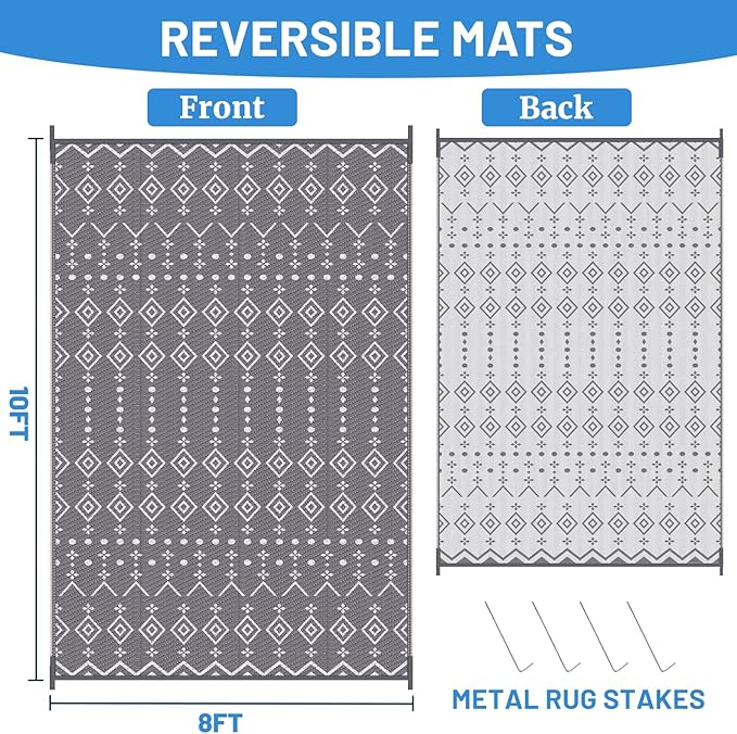 StepRite 8’ x 10’ Reversible Outdoor Rug, Waterproof Plastic Straw Rug, Patio Rug, Large Modern Area Rug Carpet, Indoor Outdoor Rugs for Camping, Porch, Deck, Balcony, Backyard, RV, Picnic(Grey)