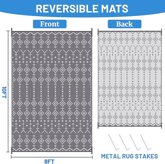 StepRite 8’ x 10’ Reversible Outdoor Rug, Waterproof Plastic Straw Rug, Patio Rug, Large Modern Area Rug Carpet, Indoor Outdoor Rugs for Camping, Porch, Deck, Balcony, Backyard, RV, Picnic(Grey)