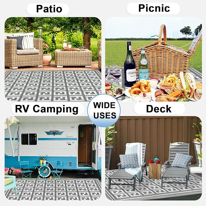 OutdoorLines Outdoor Plastic Area Rugs for Patio 5x8 ft - Reversible Outside Carpet, Stain & UV Resistant RV Mats, Straw Rug for Camping, Deck Garden, Porch and Balcony, Geometry Grey & Light Grey