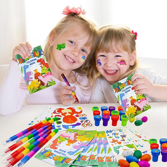 Cinrobiye 72 Pcs Dinosaur Coloring Book with Crayons Party Favors,Dinosaur Party Goodie Bags Fillers,Dinosaur Birthday Party Games Craft DIY Kit Face Stickes Tattoo for Dinosaur Pinatas