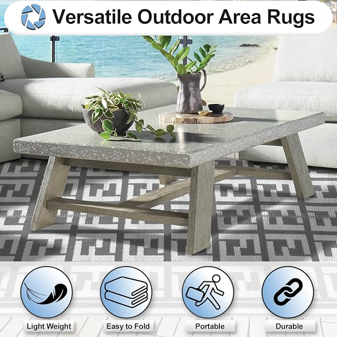 OutdoorLines Outdoor Plastic Area Rugs for Patio 5x8 ft - Reversible Outside Carpet, Stain & UV Resistant RV Mats, Straw Rug for Camping, Deck Garden, Porch and Balcony, Geometry Grey & Light Grey