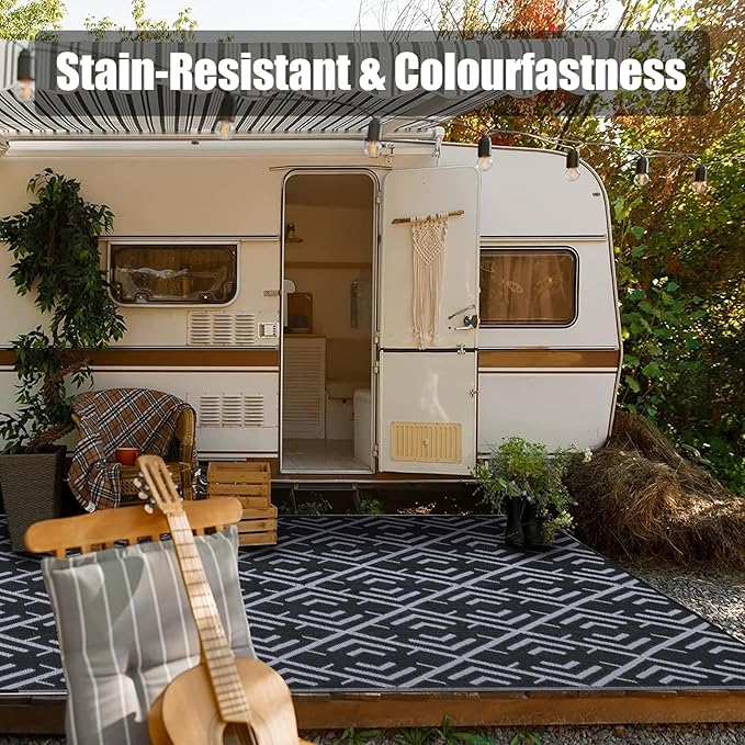 Outdoor Plastic Straw Rug, Waterproof Outdoor Rugs for Patios Clearance, Reversible Area Rug, Large Outside Carpet for Camping, Balcony, RV, Deck, Picnic, Beach (5x8ft Boho/Black&Grey)