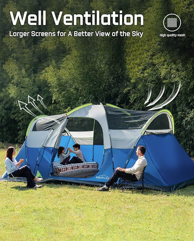 8 Person Larger Extended Dome Camping Tent with 3 Rooms, Waterproof Semi-Freestanding Family Outdoor Tent with Spacious Interior and Mesh Windows