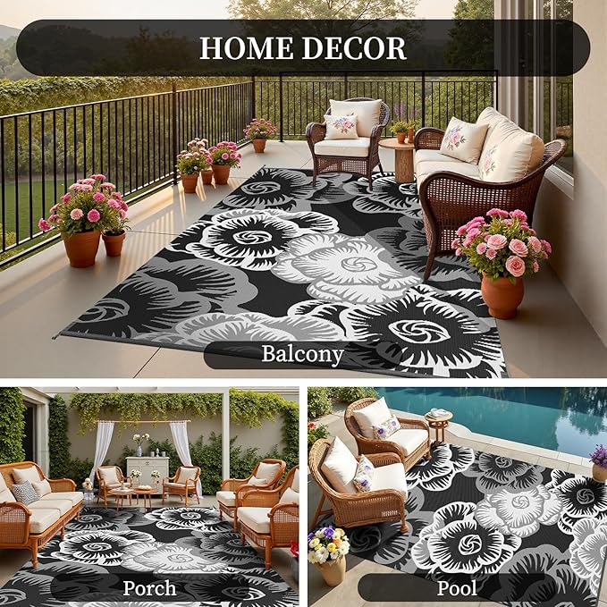MontVoo Outdoor Rug 9x12 Waterproof Patio Rug-Outdoor Carpet Mat Reversible Plastic Straw Outside Outdoor Rug for RV Camping Picnic Beach Balcony Backyard Pool Deck Porch Farmhouse Floral Black