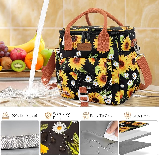 Joymee Insulated Lunch Bag for Women/Men, Waterproof Lunch Box for Office Work Picnic Beach, Reusable Large Leakproof Cooler Tote Bag with Adjustable Shoulder Strap & Side Pocket, Sunflower