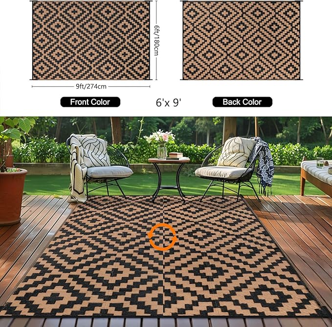 Outdoor Patio Plastic Straw Rug - 6'x9' Outdoor Camping Rug Waterproof Reversible, Area Carpet Patios Clearance RV, Outside Porch Balcony Deck for Camper, Black & Brown