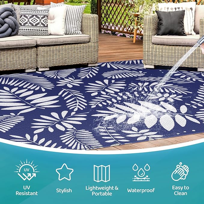 StepRite Outdoor Rug, Patio Rug, Plastic Straw Camping Rugs, Large Waterproof Area Rug and Mat for Outdoors, RV, Patio, Backyard, Deck, Porch, Beach, Balcony, (8'x 10', White & Blue)