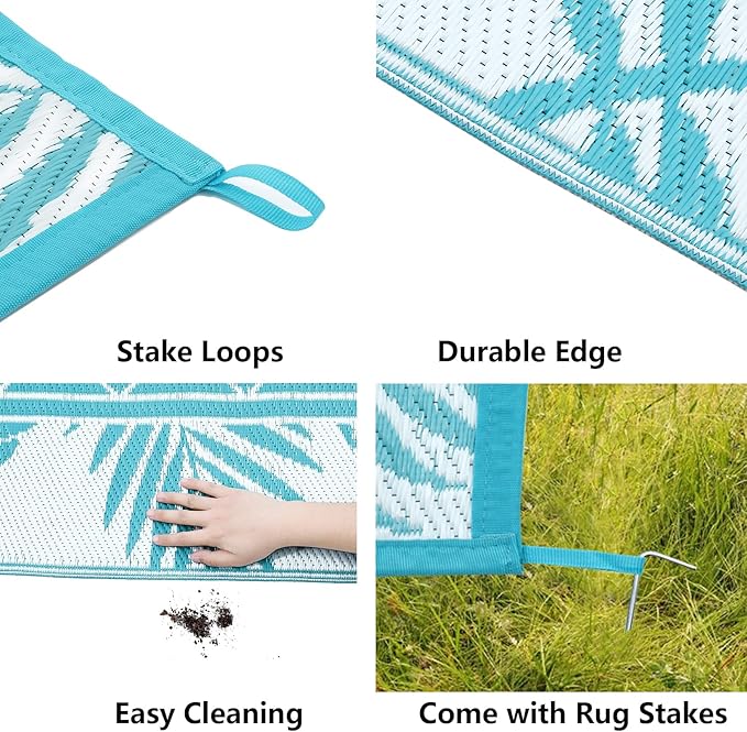 Ileading Outdoor Rug Carpet for Patio 6' x9' Waterproof Reversible Plastic Straw Rug Portable Outside Area Rug Camping Mat for Patio, Clearance, Balcony, Picnic, Pool, Beach, RV, Deck, Leaf Teal