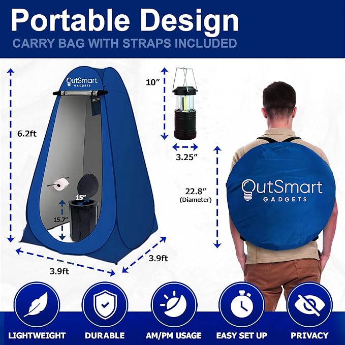 Outdoor Portable Toilet Set for Adults with Camping Night Lantern, Folding XL Toilet, Pop Up Privacy Tent and Carry Bags, Multipurpose Potty, Washable and Foldable for RV Travel