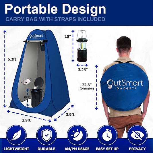 Outdoor Portable Toilet Set for Adults with Camping Night Lantern, Folding XL Toilet, Pop Up Privacy Tent and Carry Bags, Multipurpose Potty, Washable and Foldable for RV Travel