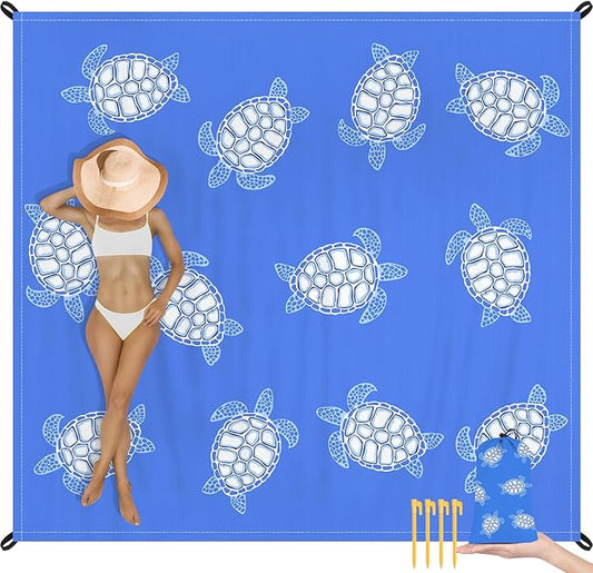 Beach Blanket Waterproof Sandproof, Blue Baby Sea Turtle Polyester Beach Mat Sand Free for 2-4 Adult, Extra Large Portable Compact Picnic Blankets for Outdoor, Travel,Camping,Hiking