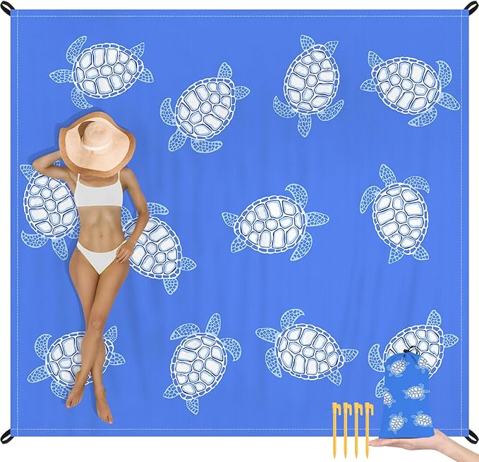 Beach Blanket Waterproof Sandproof, Blue Baby Sea Turtle Polyester Beach Mat Sand Free for 1-4 Adult, Extra Large 9×10 FT Portable Compact Picnic Blankets for Outdoor, Travel,Camping,Hiking