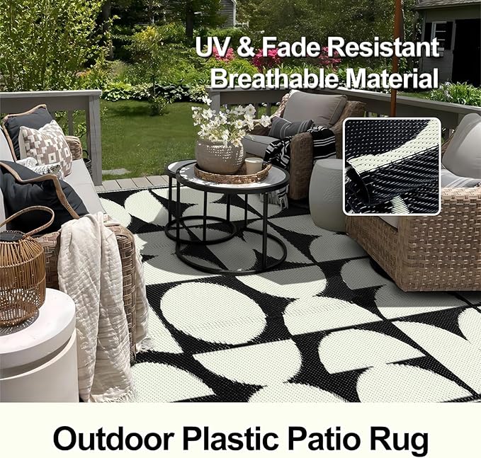 Wonnitar Waterproof 6x9 Outdoor Rug for Patio Clearance, Reversible Plastic Straw Rug Large Portable Camping RV Rug, Geometric Outside Area Rug for Backyard Balcony Garden (Black & White,6'x9')