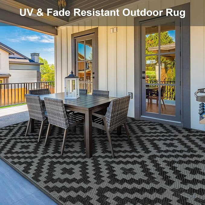 Outdoor Patio Plastic Straw Rug - 9'x18' Outdoor Camping Rug Waterproof Reversible, Area Carpet Patios Clearance RV, Outside Porch Balcony Deck for Camper, Black & Grey
