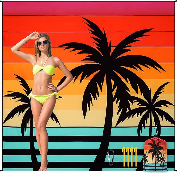 Beach Blanket Waterproof Sandproof Beach Mat 79”x 83” for 1-4 Adults Quick Drying Durable Outdoor Picnic Mat for Beach Festival Travel Camping Hiking (Sunset COCOTREE, 79"×83"(4 Person))