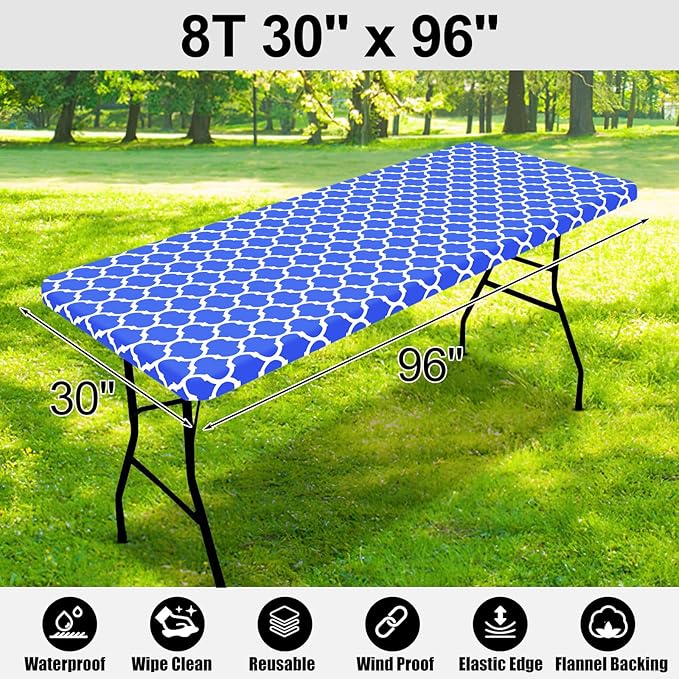Smiry Rectangle Picnic Table Cover, Waterproof Elastic Fitted Camping Tablecloths for 8 Foot Tables, Wipeable Flannel Backed Vinyl Tablecloth Protector for Indoor, Outdoor (Blue, 30x96 Inches)
