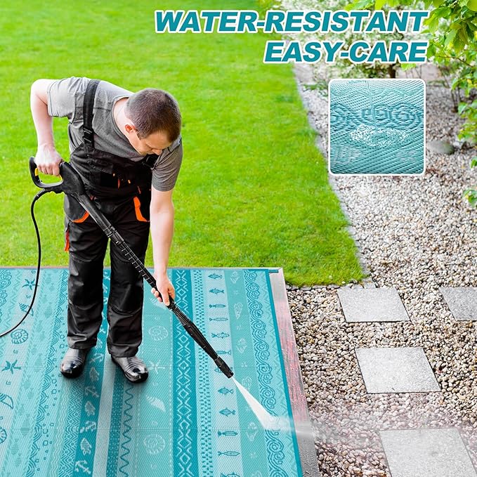 Lahome Outdoor Rug Waterproof, 5x8ft Reversible Outdoor Plastic Straw Rug for Camping, RV Patio Rugs Outside Carpet for Porch Deck Backyard Balcony Picnic(Blue/Multi,5'x 8')