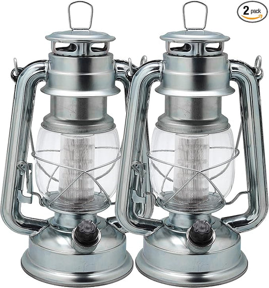 YAKii LED Vintage Metal Hanging Hurricane Lantern - 12 LED Dimmer Switch Cold White Battery Operated for Power Outage Indoor Camping Lighting Outdoor Brooklyn (Silver 2 Pack)