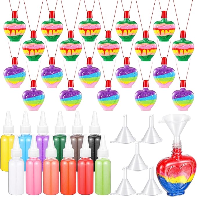 Bokon 37 Pcs Valentine Sand Art Bottle Necklace Kits Include 20 Pcs Plastic Sand Art Bottle Necklaces, 12 Pcs 12 Colored Art Sand, 5 Mini Plastic Funnels for Class heart Sand Art Containers Art Crafts