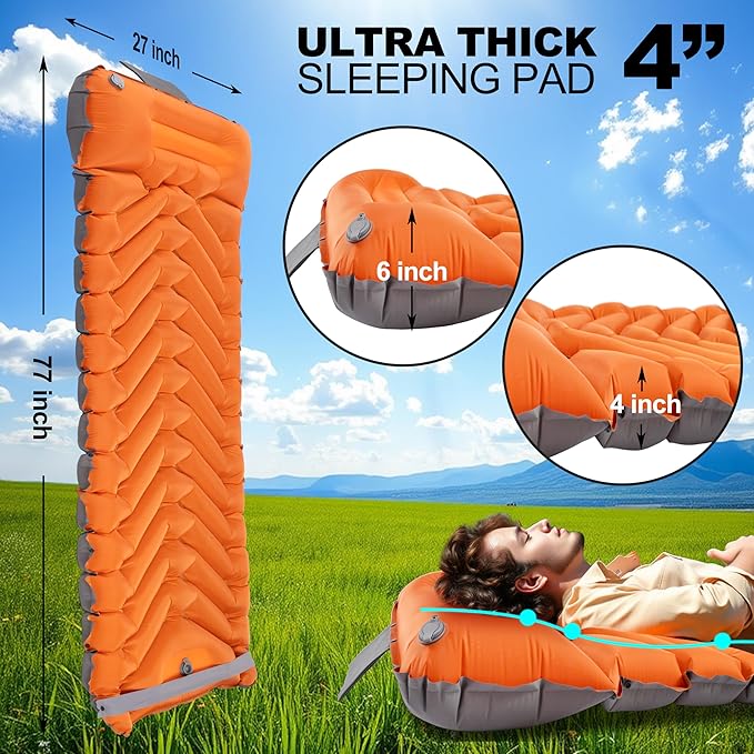 Sleeping Pad with Pillow, Self Inflating Extra-Thick, Ultralight Sleeping Mat, Built-in Pump, Ultimate for Camping, Hiking, Traveling, Airpad, Carry Bag, Compact & Lightweight Air Mattress (Orange)