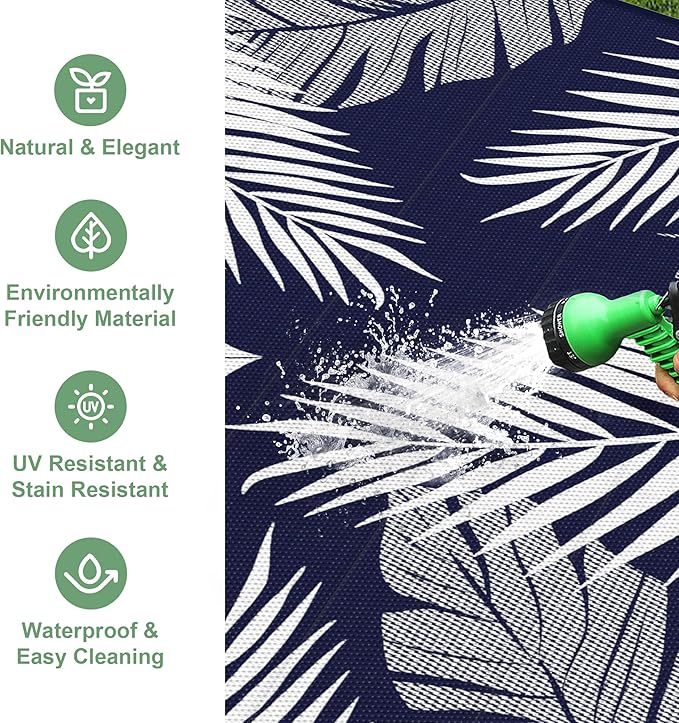 Outdoor Rug 9' x 12' for Patio Waterproof Clearance, Reversible Indoor Outdoor Plastic Straw Camping Rug Carpet, RV Mat, Large Area Rug for Deck, Backyard, Balcony, Porch, Navy Blue and White