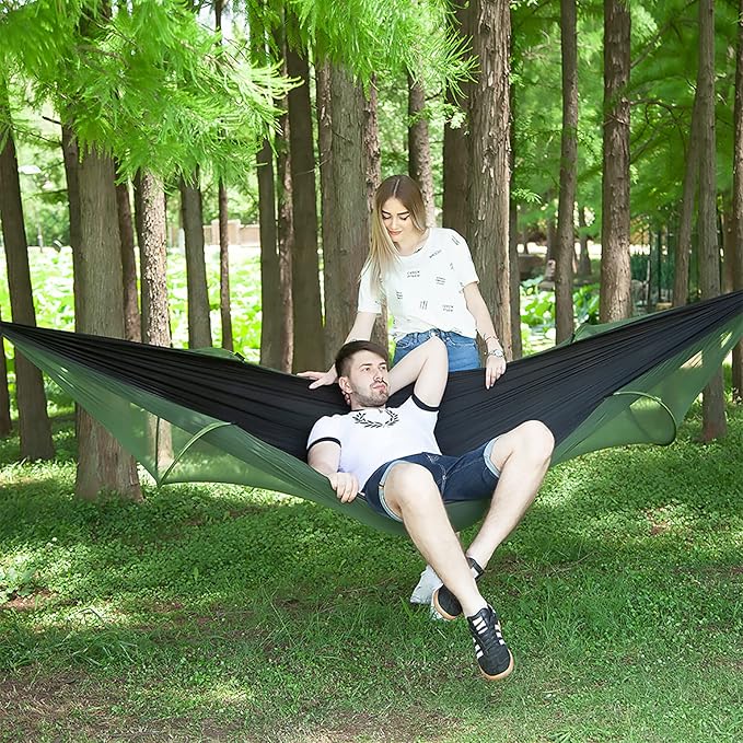 LFL Portable Camping Hammock with Mosquito Net, 1 or 2 Person Outdoor Swing Hammock, Nylon Parachute Material, Quick Opening Outside Hammock, Hiking Travel Courtyard (Black)