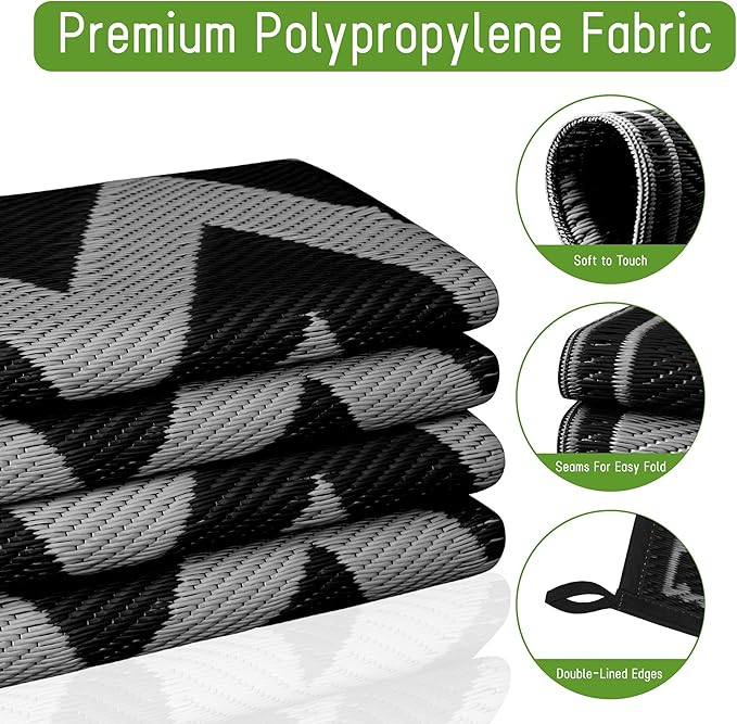 Easy-Going Reversible Outdoor Rugs 9x12ft Waterproof Plastic Straw Rug Stain & UV Resistant Floor Mat for Patio Porch RV Backyard Pool Deck Picnic Beach Trailer Camping (Waved Black & Light Grey)