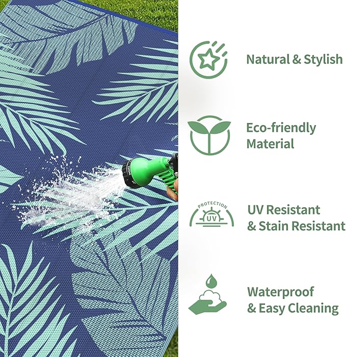 GENIMO Outdoor Rug 9' x 12' Waterproof for Patios Clearance, Reversible Outdoor Plastic Straw Camping Rug Carpet, Large Area Rugs Mats for RV, Camper, Deck, Balcony, Porch, Beach Royal Blue&Blue Green