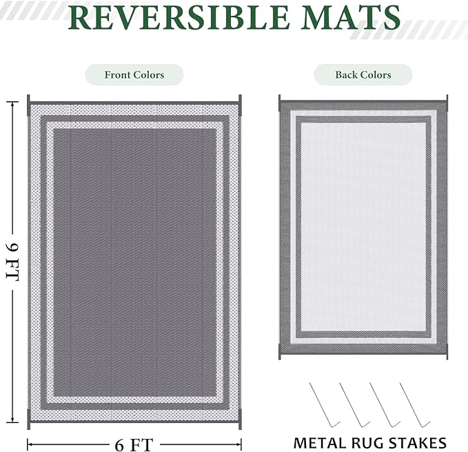 HappyTrends,Outdoor Rug,Patio Rug,Reversible Portable Plastic Straw Rug,Camping Rugs for Outside RV,Large Waterproof Area Rugs for Patio,Deck,Picnic,Porch,Balcony(6'x 9',White&Gray)