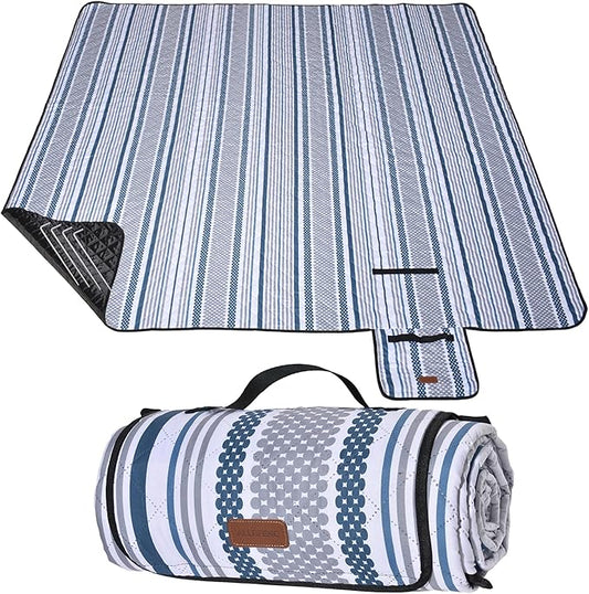 Oversized Waterproof Picnic Mat, Outdoor Beach Mat. Suitable for Camping, Outdoor, Beach, Party and Concert. (Dark Blue & Gray, 80" x 60")