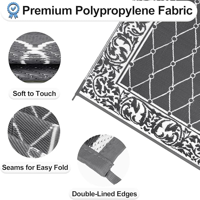 OutdoorLines Indoor Outdoor Rugs for Patio 4x6 ft - Reversible Outside Carpet, Stain & UV Resistant Portable RV Mats, Plastic Straw Rug for Camping, Pool Deck, Porch Rhombus Gray & White