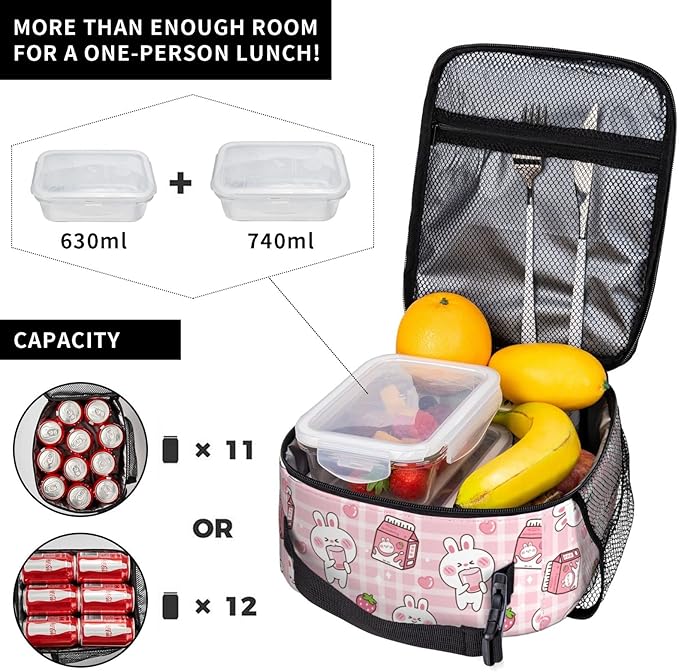 Bunny Milk Lunch Box Reusable Insulated Lunch Bag Thermal Cooler Tote For Boys Girls Teen School Men Women Picnic Travel Hiking