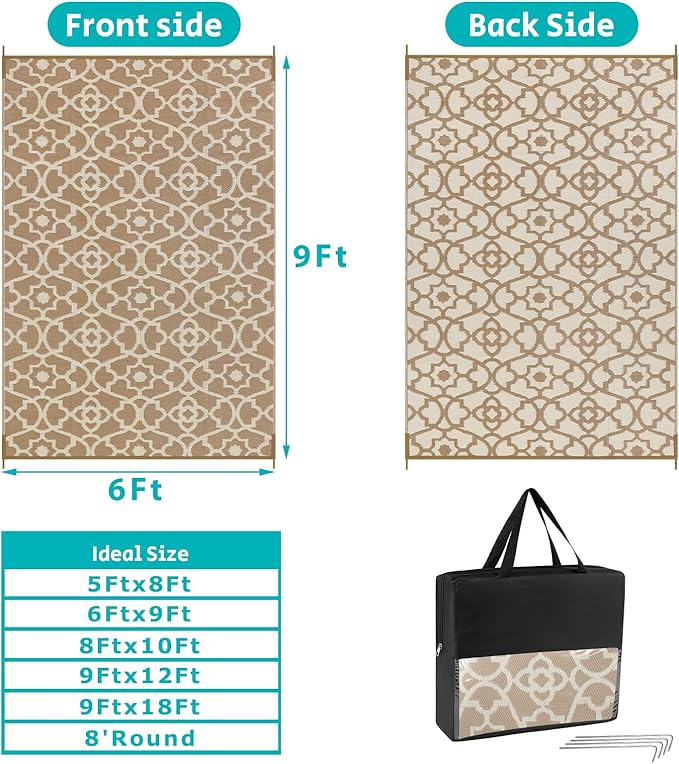 HEBE Outdoor Rug 6'x9' for Patios Waterproof Clearance Reversible Patio Mat Plastic Straw Rug RV Camping Mat Outside Area Rug Carpet for Camping RV,Porch,Deck,Balcony,Camper,Backyard