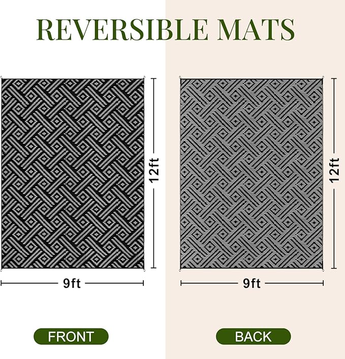 OPPODREAM Outdoor Rug 9x12 Patio Waterproof, Large Outdoor Plastic Straw Rug, Reversible Out Door Carpet for Camping, Deck, Rv, 9 x 12 Area Carpet for Balcony, Porch, Backyard, Black and Grey