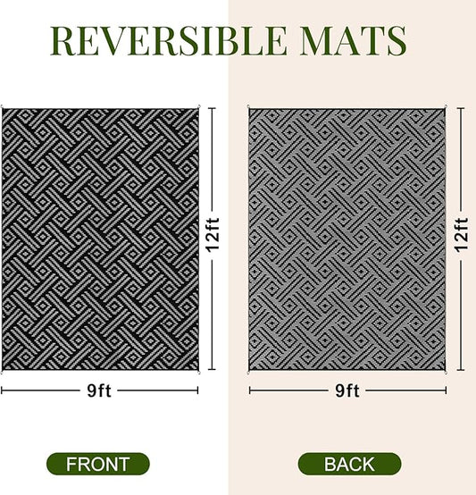 OPPODREAM Outdoor Rug 9x12 Patio Waterproof, Large Outdoor Plastic Straw Rug, Reversible Out Door Carpet for Camping, Deck, Rv, 9 x 12 Area Carpet for Balcony, Porch, Backyard, Black and Grey