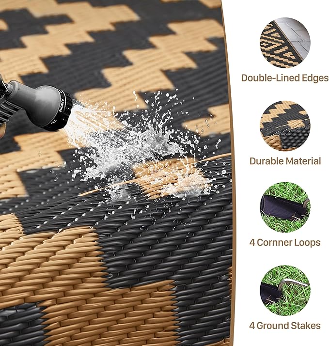 GENIMO Outdoor Rug for Patio Clearance,9'x12' Waterproof Large Mat,Reversible Plastic Camping Rugs,Rv,Porch,Deck,Camper,Balcony,Backyard (Black & Brown)